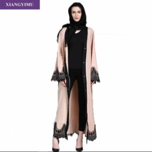 Peach and Black Kaftan Dubai Abaya | Modern Lace Abaya | Simple Kaftan Abaya