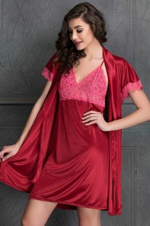 Short Night Dress & robe nighty set in Maroon | maroon short night dress | silk night suit for ladies