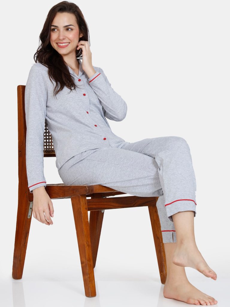 Grey Solid Pure Cotton Women Night Suit | pajama and shirt | Limelight Night Suit | Women Night Suit Online | Night Dress