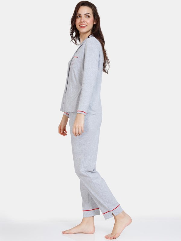 Grey Solid Pure Cotton Women Night Suit