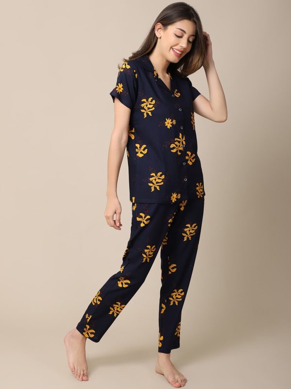 Boston Club Yellow & Navy Blue Women Night suit