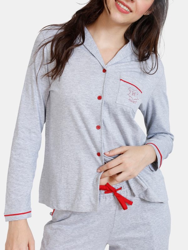 Grey Solid Pure Cotton Women Night Suit