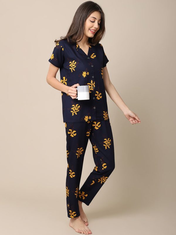 Boston Club Yellow & Navy Blue Women Night suit